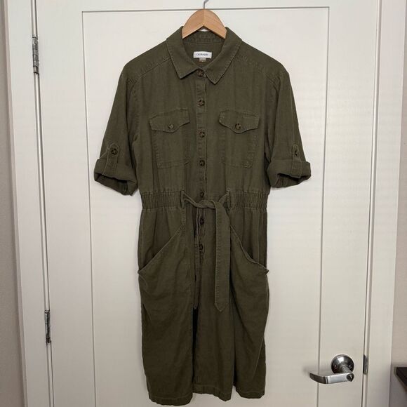 Calvin Klein Dresses & Skirts - Calvin Klein Military Shirt Dress Sz 12 Olive Green Linen Utility Belted Safari
